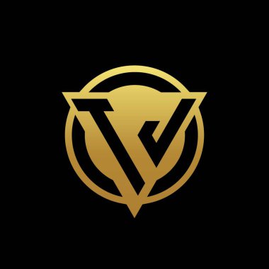 Üçgen şekilli ve yuvarlak biçimli TJ logosu altın rengi ve siyah arkaplan tasarım şablonu üzerinde izole edilmiş.