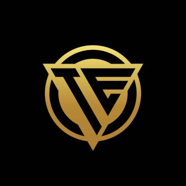 Üçgen şekilli TE logosu ve yuvarlak biçimli daire şeklinde altın rengi ve siyah arkaplan tasarım şablonu izole edilmiş.