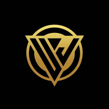 Üçgen şekilli UJ logosu ve yuvarlak biçimi altın rengi ve siyah arkaplan tasarım şablonu üzerinde izole edilmiş.