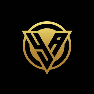 Üçgen şekilli ve yuvarlak biçimli YA logosu altın rengi ve siyah arkaplan tasarım şablonunda izole edilmiş.