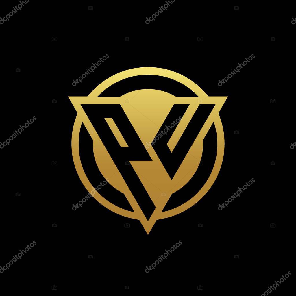PU logo monogram with triangle shape and circle rounded style isolated on gold colors and black background design template