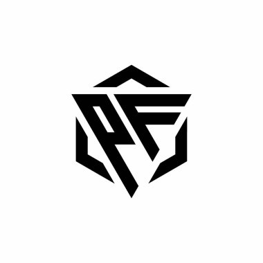 Beyaz arkaplanda izole edilmiş PF Logo üçgeni ve altıgen modern tasarım şablonu