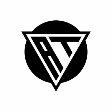 Beyaz arkaplanda izole edilmiş negatif uzay üçgenli AT logosu ve daire şekli şablonu