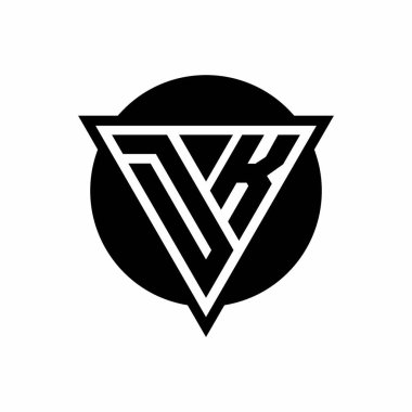 Beyaz arkaplanda izole edilmiş negatif uzay üçgenli DK logosu ve daire şeklindeki tasarım şablonu