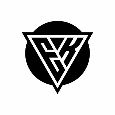 Beyaz arkaplanda izole edilmiş negatif uzay üçgenli EK logosu ve daire şeklindeki tasarım şablonu