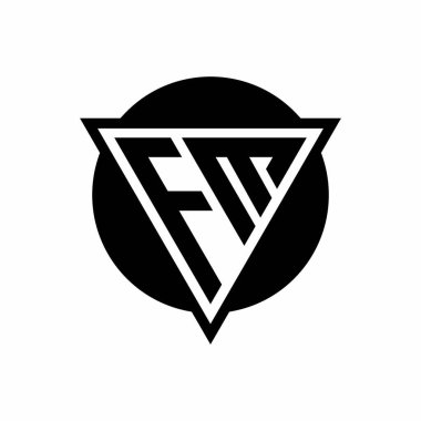 Beyaz arkaplanda izole edilmiş negatif uzay üçgenli FM logosu ve daire şeklinde tasarım şablonu
