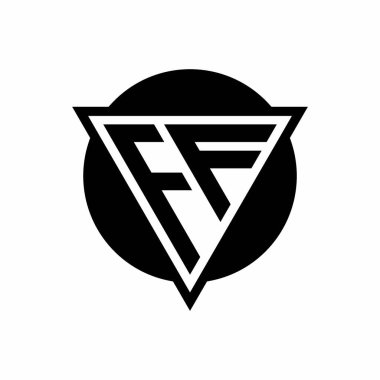 Beyaz arkaplanda izole edilmiş negatif uzay üçgenli FF logosu ve daire şekli şablonu
