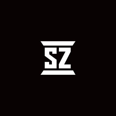 Siyah arkaplanda izole edilmiş sütun şekli tasarım şablonuna sahip SZ ilk harf monogramı