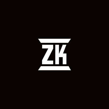 Siyah arkaplanda izole edilmiş sütun şeklindeki dizayn şablonuna sahip ZK ilk harf monogramı