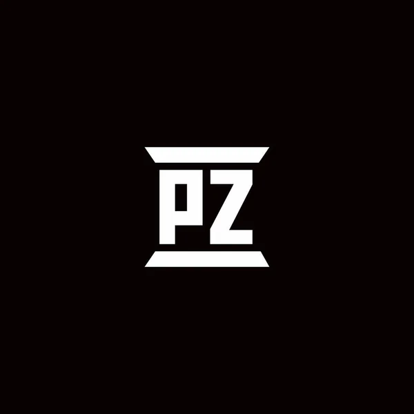 黒の背景に隔離された柱形のデザインテンプレートとPzロゴの初期文字のモノグラム — ストックベクタ