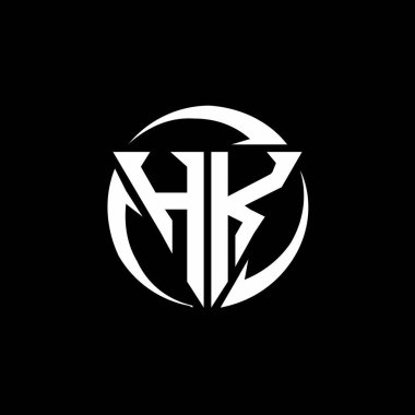 Üçgen şekilli HK logosu ve siyah arkaplanda izole edilmiş yuvarlak tasarım şablonu