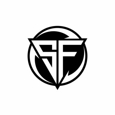 Üçgen şekilli SF logosu ve beyaz arkaplanda izole edilmiş yuvarlak tasarım şablonu