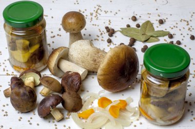 Orman, onları marine etmek için kullanılacak baharatların arasında beyaz bir masada duran yenilebilir mantarlar. Boletus mantarları ve mantarlar soğan, havuç, defne yaprağı, hardal ve baharatla iyi gider.. 