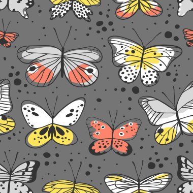 Kelebek ile Seamless modeli. El vektör çizim çekilmiş. Dekoratif elemanları tasarımı için. Siyah kontur çizim. Yaratıcı mürekkep sanat eseri