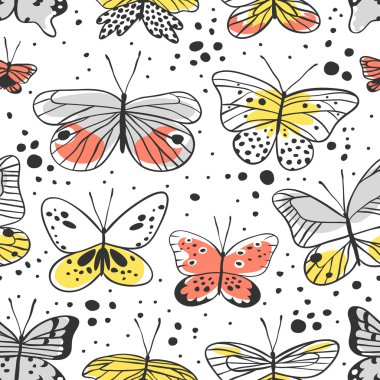 Kelebek ile Seamless modeli. El vektör çizim çekilmiş. Dekoratif elemanları tasarımı için. Siyah kontur çizim. Yaratıcı mürekkep sanat eseri
