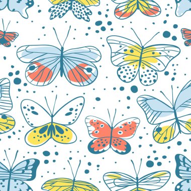 Kelebek ile Seamless modeli. El vektör çizim çekilmiş. Dekoratif elemanları tasarımı için. Siyah kontur çizim. Yaratıcı mürekkep sanat eseri