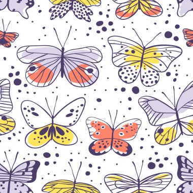 Kelebek ile Seamless modeli. El vektör çizim çekilmiş. Dekoratif elemanları tasarımı için. Siyah kontur çizim. Yaratıcı mürekkep sanat eseri