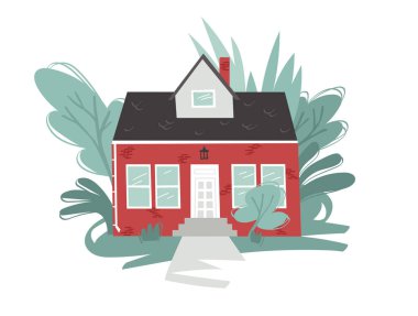 El Çizimi Karikatür Evi, Bahçe Arkaplanı. Düz stil illüstrasyon Cozy Home. Küçük Vektör Kulübesi Çizimi. Yaratıcı Dijital Sanat Çalışması