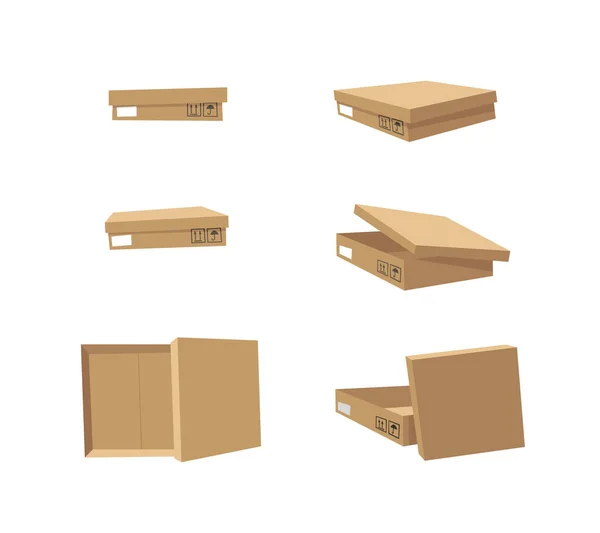 Conjunto Cajas Reciclaje Abiertas Cerradas Embalaje Entrega Ilustración Estilo Dibujos — Vector de stock