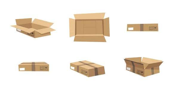 Karton Offene Und Geschlossene Recyclingboxen Set Cartoon Style Illustration Lieferung — Stockvektor