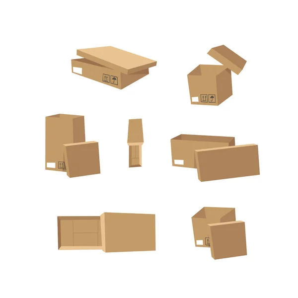 Conjunto Cajas Reciclaje Abiertas Cerradas Embalaje Entrega Ilustración Estilo Dibujos — Archivo Imágenes Vectoriales