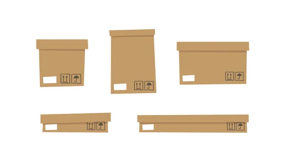 Set Scatole Riciclaggio Aperte Chiuse Cartone Imballaggio Consegna Illustrazione Stile — Vettoriale Stock