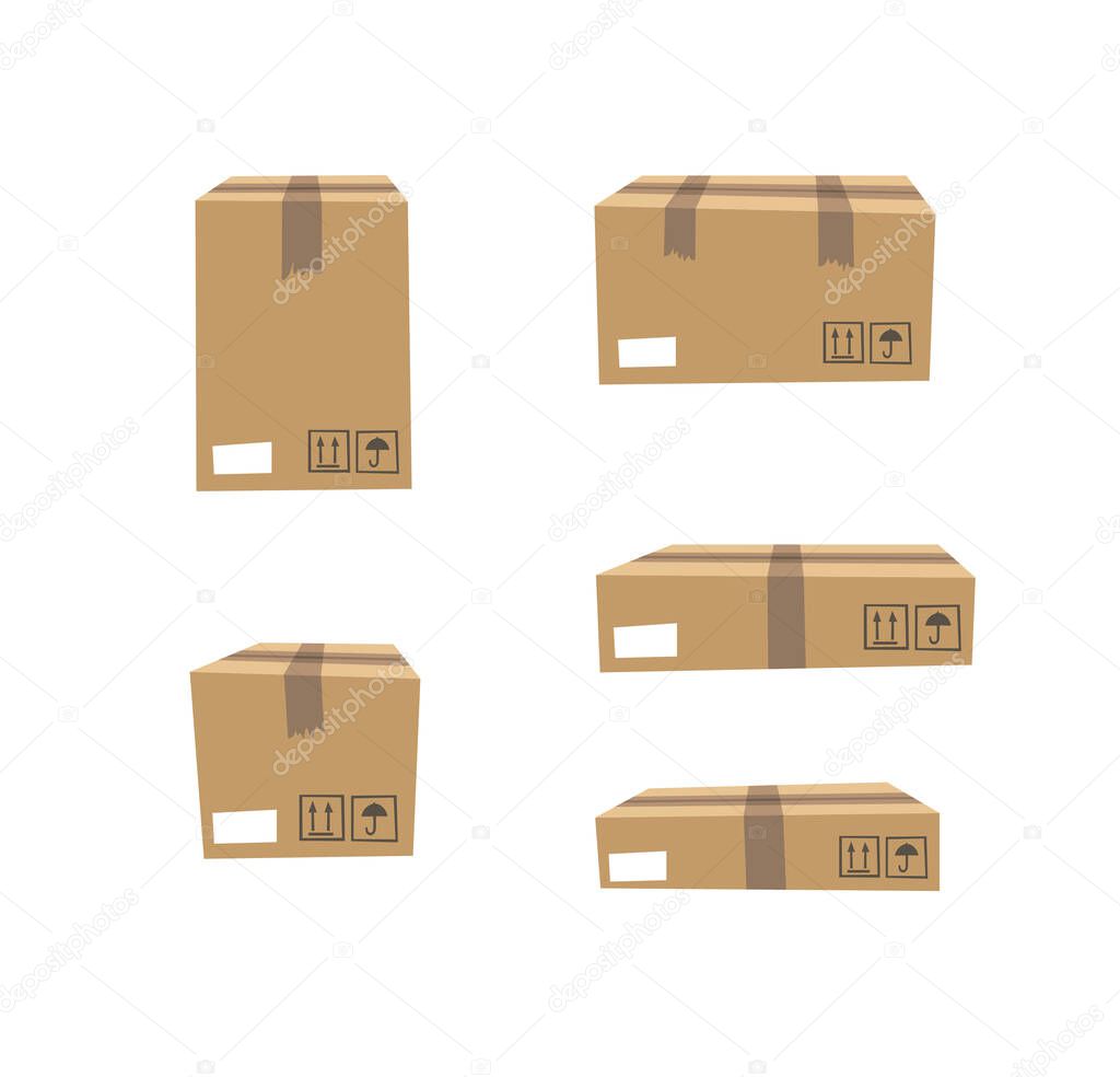 Carton Open and Closed Recycling Boxes Set. Cartoon Style Illustration Delivery Packaging. Flat Graphic Design Forwarding Clip Art. Vector Collection Mockup Isolated on White Background
