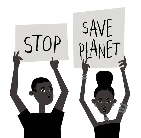 Giovane Personaggio Nero Con Poster Cartoon Style People Ecology Protest — Vettoriale Stock