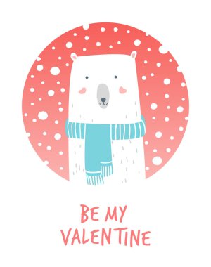 Sevgililer Günü Kutup Ayısı ve Kar Çizgi Filmi. El çizimi şirin beyaz ayı. Sevgililer günü kartı. Kış havasında vektör çizimi. Kutup ayısı ve karlı güzel selamlar.. 