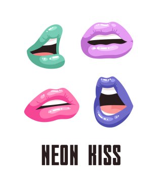 Asit Rengi Rujlu Seksi Dişi Dudaklar. Vector Fashion Illustration Woman Freak Mouth Set. Farklı Duyguları İfade Eden Jestler Koleksiyonu