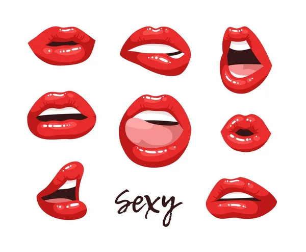 Kırmızı Rujlu Seksi Dişi Dudaklar Vector Fashion Illustration Woman Mouth — Stok Vektör