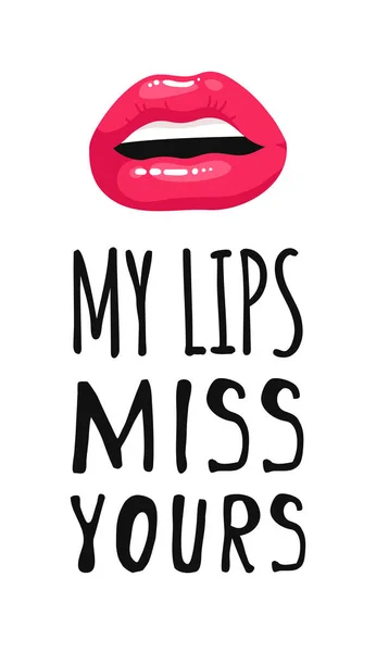 Sexy Female Lips Met Red Lipstick Tekst Vector Fashion Illustratie — Stockvector