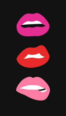 Matt Renkli Ruj ile Seksi Dişi Dudaklar. Düz Stil Vektör Moda Çizimi Kadın Ağzı. Farklı Duyguları İfade Eden Jestler Koleksiyonu