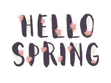 Pembe Çiçeklerle Kadın Mektupları İlkbahar Mesajı. El yapımı mor mürekkep yazı tipi. El yazısıyla fırçayla yazılmış mektuplar. Moda Düğün vektör çizimi