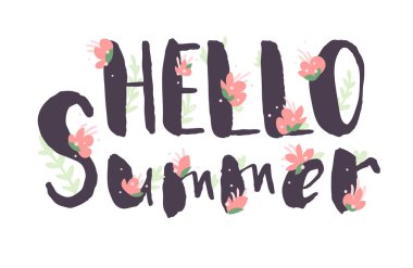 Pembe Çiçekli Kadın Mektubu Helo YAZ. El yapımı mor mürekkep yazı tipi. El yazısıyla fırçayla yazılmış mektuplar. Moda Düğün vektör çizimi