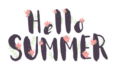 Pembe Çiçekli Kadın Mektubu Helo YAZ. El yapımı mor mürekkep yazı tipi. El yazısıyla fırçayla yazılmış mektuplar. Moda Düğün vektör çizimi