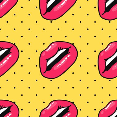 Kusursuz desenli, parlak pembe rujlu seksi kadın dudakları. Pop Art Style Vector Moda Çizimi Kadın Ağzı. Farklı Duyguları İfade Eden Jestler Koleksiyonu