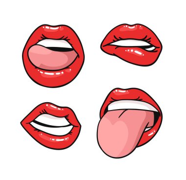 Parlak Kırmızı Rujlu Seksi Dişi Dudaklar. Pop Art Style Vector Moda Çizimi Kadın Ağzı. Farklı Duyguları İfade Eden Jestler Koleksiyonu