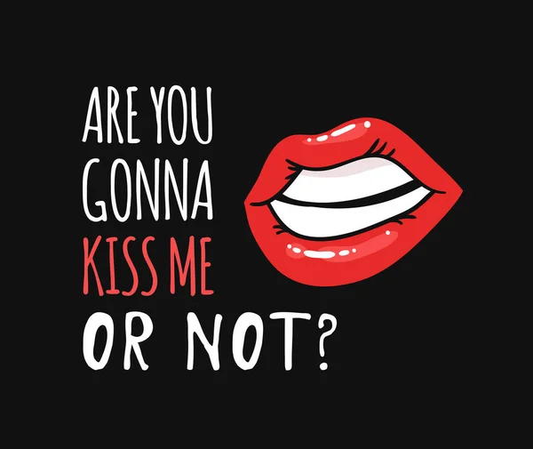 Sexy Vrouwelijke Lippen Met Glanzende Rode Lippenstift Tekst Pop Art — Stockvector