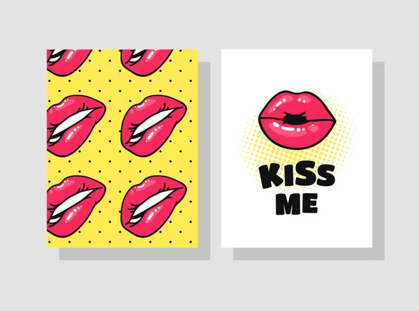 Set Cards Sexy Female Lips Gloss Pink Lipstick Англійською Pop — стоковий вектор