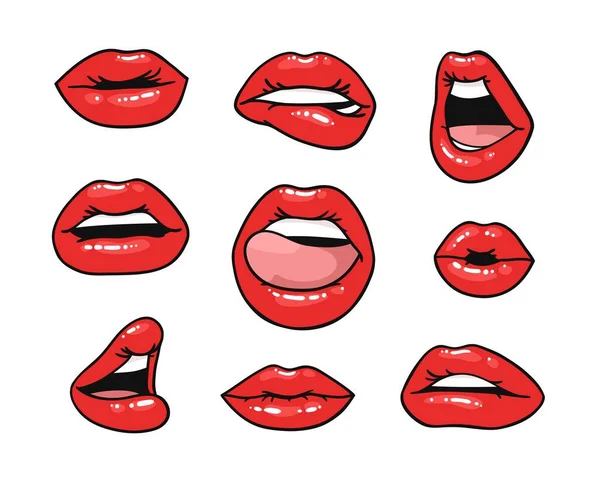 Sexy Female Lips Gloss Red Lipstick Pop Art Style Vector — Stock Vector