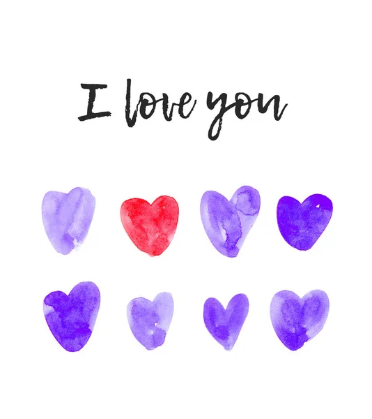 Conjunto Cute Childlike Watercolor Violet Hearts Objeto Pintura Desenhada Mão — Fotografia de Stock