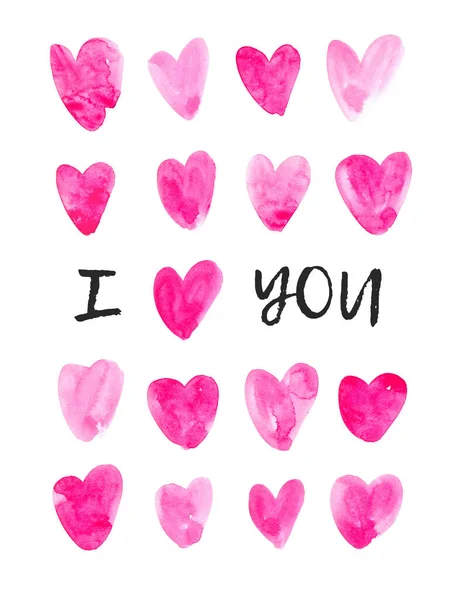 Set Cute Childlike Watercolor Pink Hearts Hand Drawn Paint Object — Stock Photo, Image