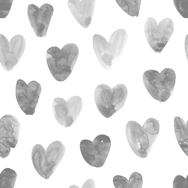 Seamless Pattern Cute Childlike Watercolor Black White Hearts Hand Drawn — Stock Photo, Image