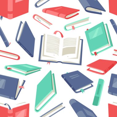 Öğrenci için Çizgi Film Çizim Kitabı ile Kusursuz Desen. El çizimi okul objesi. Okumayla ilgili gerçek Vektör illüstrasyonu. Yaratıcı sanat çalışmaları 