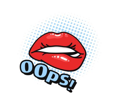 Parlak Kırmızı Dudak ve Yazılı Seksi Kadın Dudakları. Pop Art Style Vector Moda İllüstrasyonu Kadın Ağzı ve Tırnak. Farklı Duyguları İfade Eden Jestler Koleksiyonu