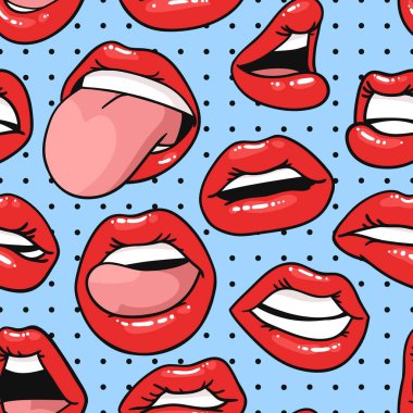 Kusursuz desenli, parlak kırmızı rujlu seksi kadın dudakları. Pop Art Style Vector Moda Çizimi Kadın Ağzı. Farklı Duyguları İfade Eden Jestler Koleksiyonu