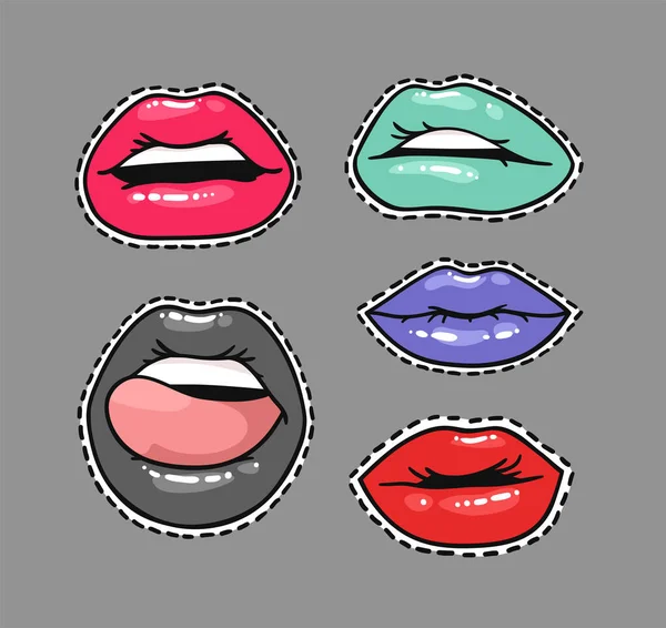 Conjunto Pegatinas Con Labios Femeninos Sexy Con Lápiz Labial Colores — Archivo Imágenes Vectoriales