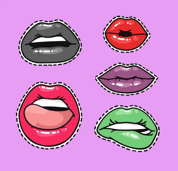 グロスカラフルなリップスティックとセクシーな女性の唇とステッカーのセット ポップアートスタイルベクトルファッションイラスト女性の口 異なる感情を表現するジェスチャーコレクション — ストックベクタ