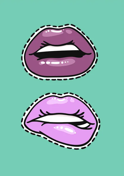 Set Stickers Sexy Female Lips Gloss Colorful Lipstick Англійською Pop — стоковий вектор